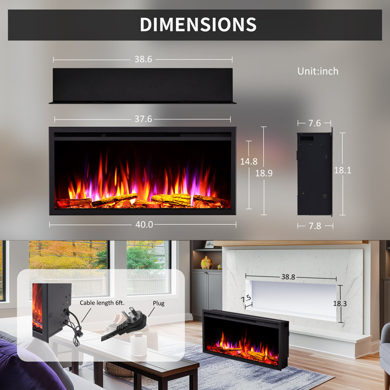 Ahlheim Black Electric Fireplace with 5100 BTU, 18.90" H x 40" W x 7.80" D