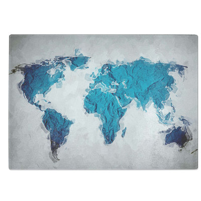 Tempered Glass Teal Blue Map of the World in Abstract Chopping Board