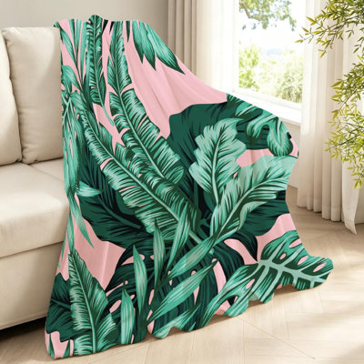 Jeté en molleton vert ultra doux, imprimé feuilles simples tropicales