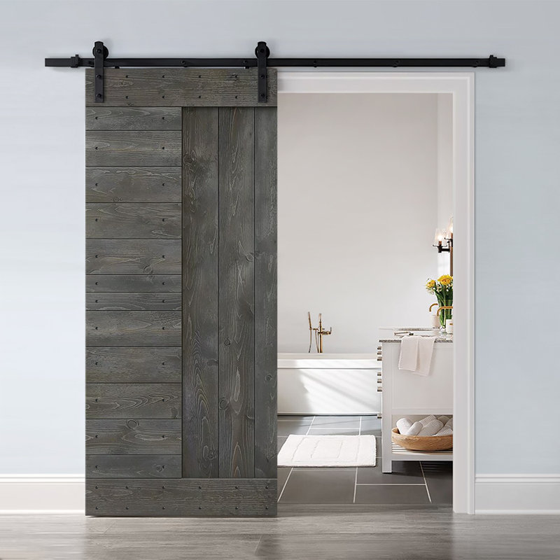 Porte de grange à panneaux et en bois avec quincaillerie d'installation, 30 po x 84 po, Gris carbone