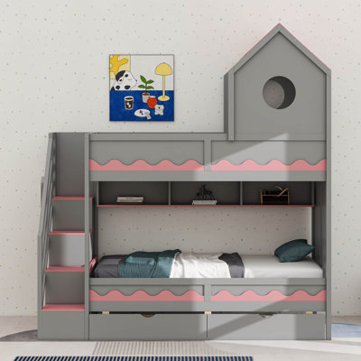 Lit superposé simple au-dessus de simple avec escaliers, tiroirs de rangement, bibliothèques et lumières DEL House