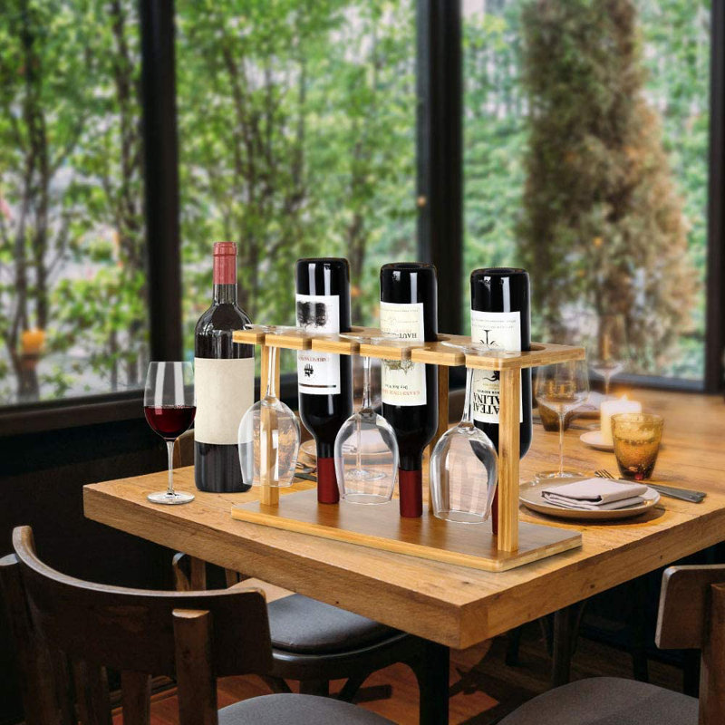 Amyna 3 Bottle Tabletop Wine Bottle & Glass Rack in Brown