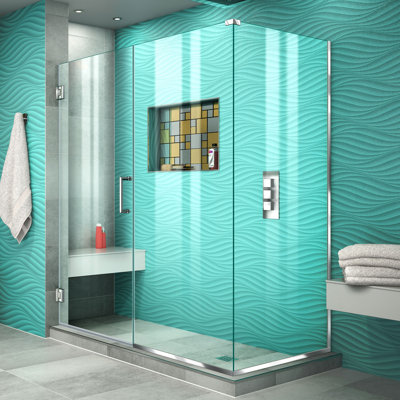 Unidoor Plus 59.5" W x 30.375" D x 72" H Frameless Pivot Rectangle Shower Enclosure with Fixed Panel