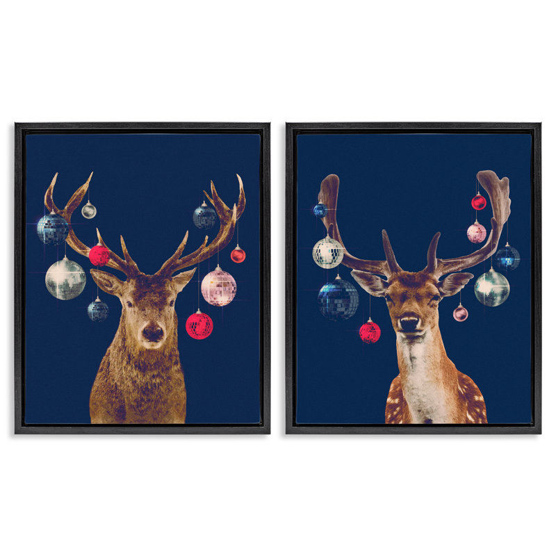 Ensemble de 2 toiles flottantes encadrées bleu marine Disco Deer par Victoria Barnes, H 21 po x l 17 po