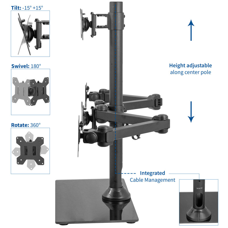 Black Steel Quad Freestanding Monitor Mount with Glass Base