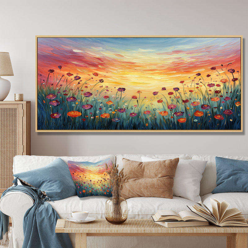 Coucher de soleil fleurs sauvages dans la nature I - Art mural fleurs sauvages, H 30 po x l 40 po, Cadre flottant, Blanc
