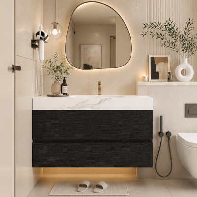 Meuble-lavabo flottant moderne 29,9 po avec comptoir en faux marbre et lavabo encastré en céramique, fixation murale pour petites salles de bain et appartements