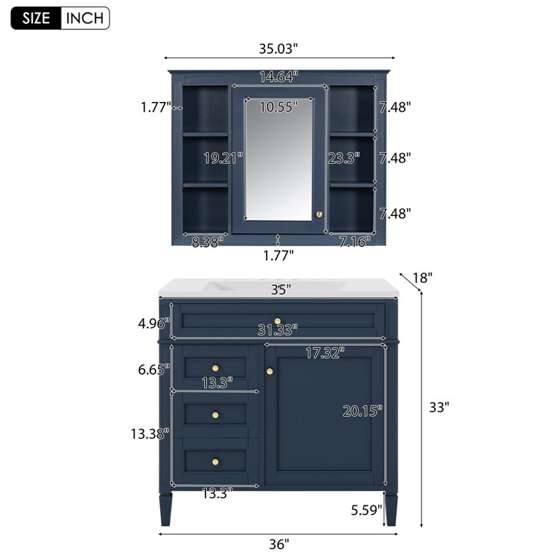 Meuble-lavabo 36 po avec armoire à pharmacie, Bleu, Or