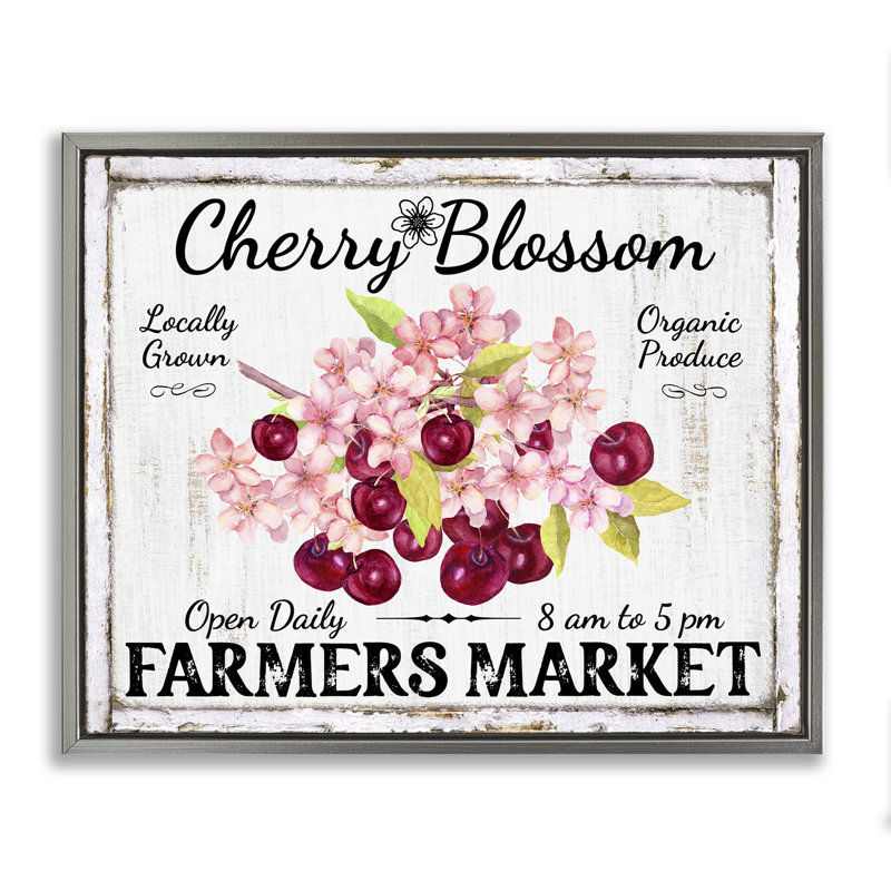 "Cherry Blossom Farmer's Market", art mural encadré flottant par Creatif Belle, Cadre flottant gris lustré, H 17 po x l 21 po