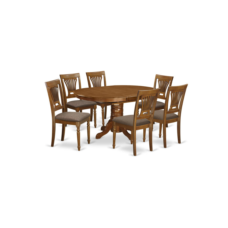 Ensemble de table de salle à manger 7 pièces composé d'une table de salle à manger ovale avec rallonge papillon et 6 chaises rembourrées en tissu de lin, brun brun selle
