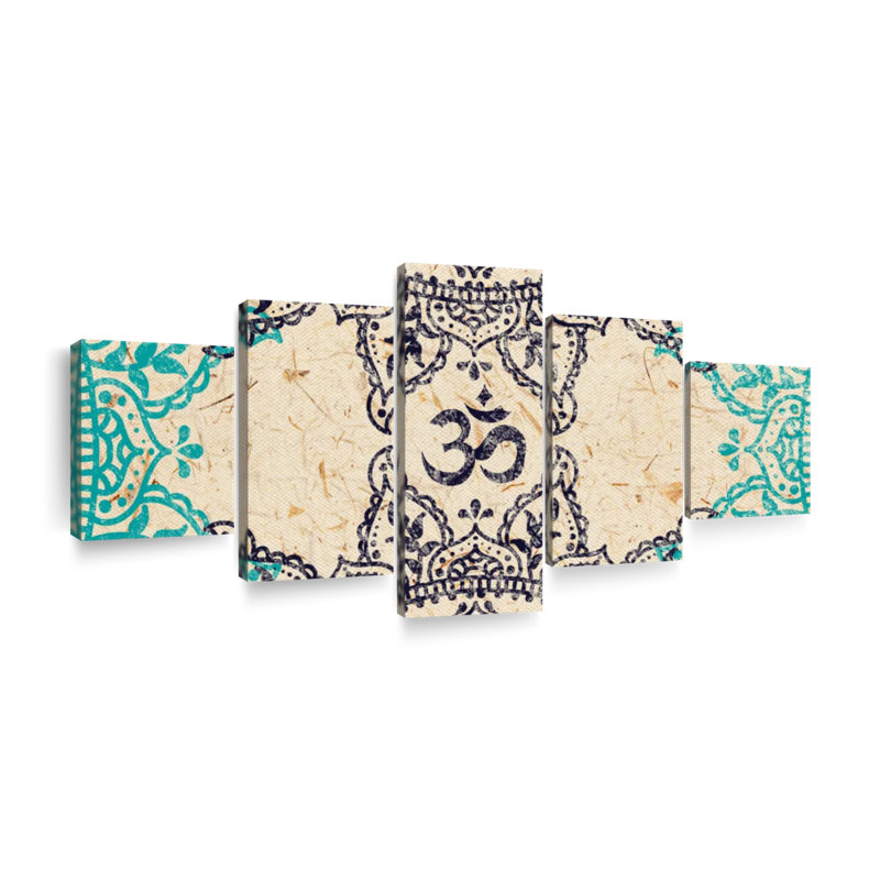 Prière, ensemble de 5 symboles bouddhistes sur toile, H 12 po x l 29 po