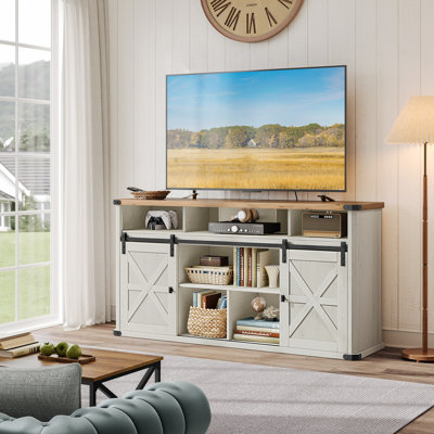 Cecilly 58"" Farmhouse TV Console with 2 Sliding Barn Doors and Built-In Charging Station -  August GroveÂ®, 639622F56A684435A5C2A4FCBC5B135A