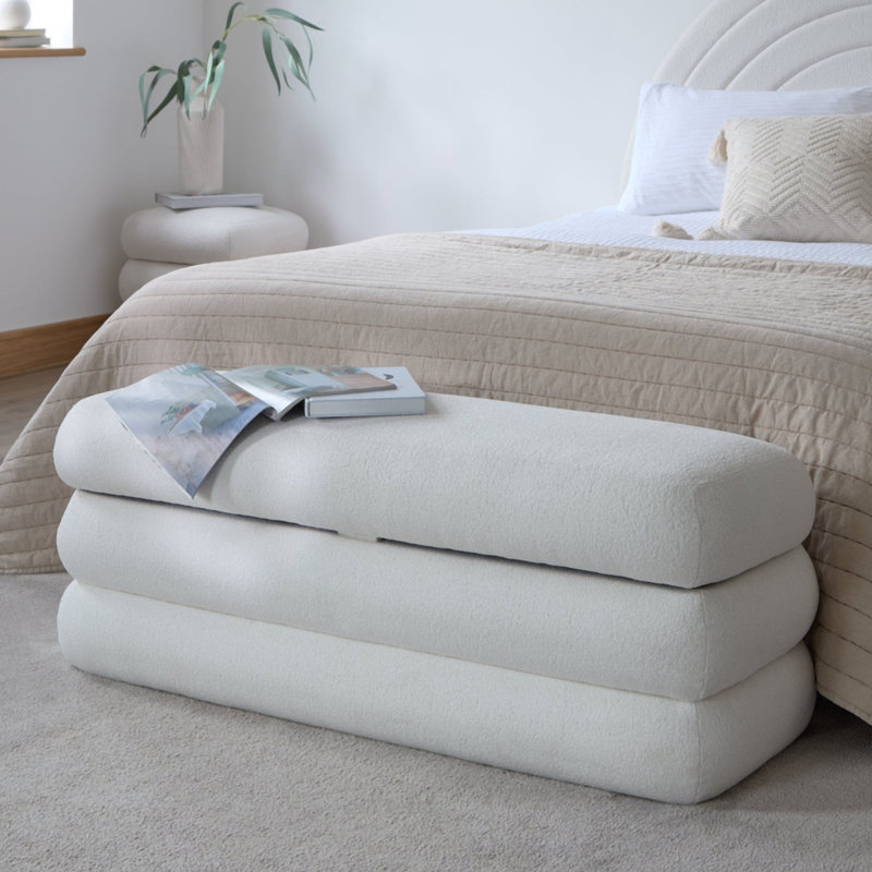 121cm Wide Rectangle Footstool Ottoman with Storage, Chalk White Boucle