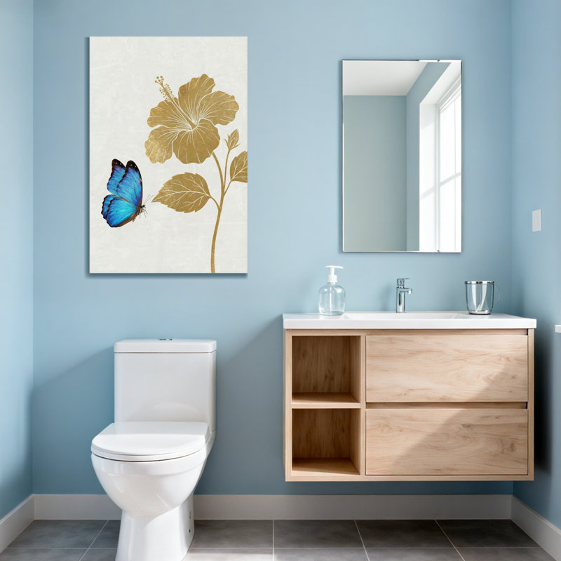 Plantes et fleurs papillon bleu et motif de fleurs dorées, H 40 po x l 28 po