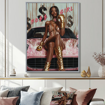«African Girl Boss Girl in Pink Lambo», reproduction d'art murale
