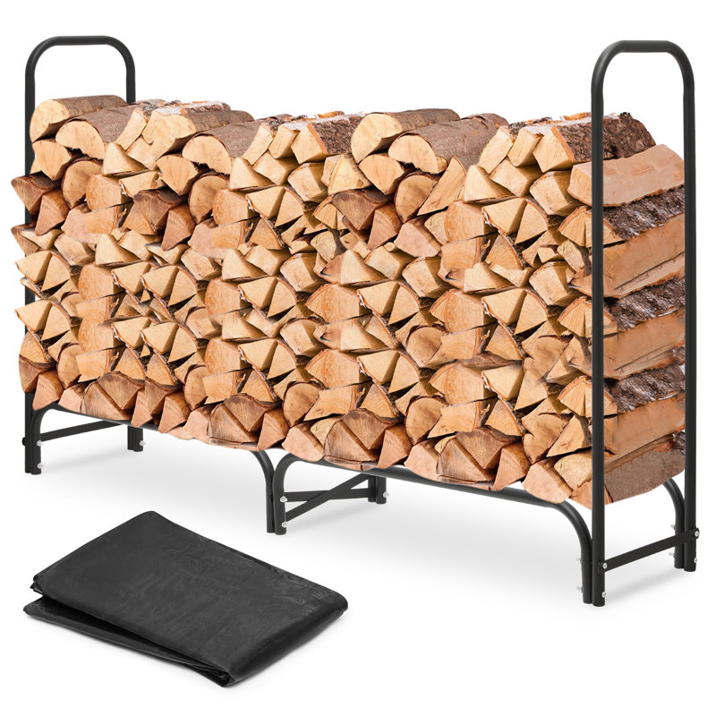 Black 7 ft Steel Firewood Rack with Waterproof Cover