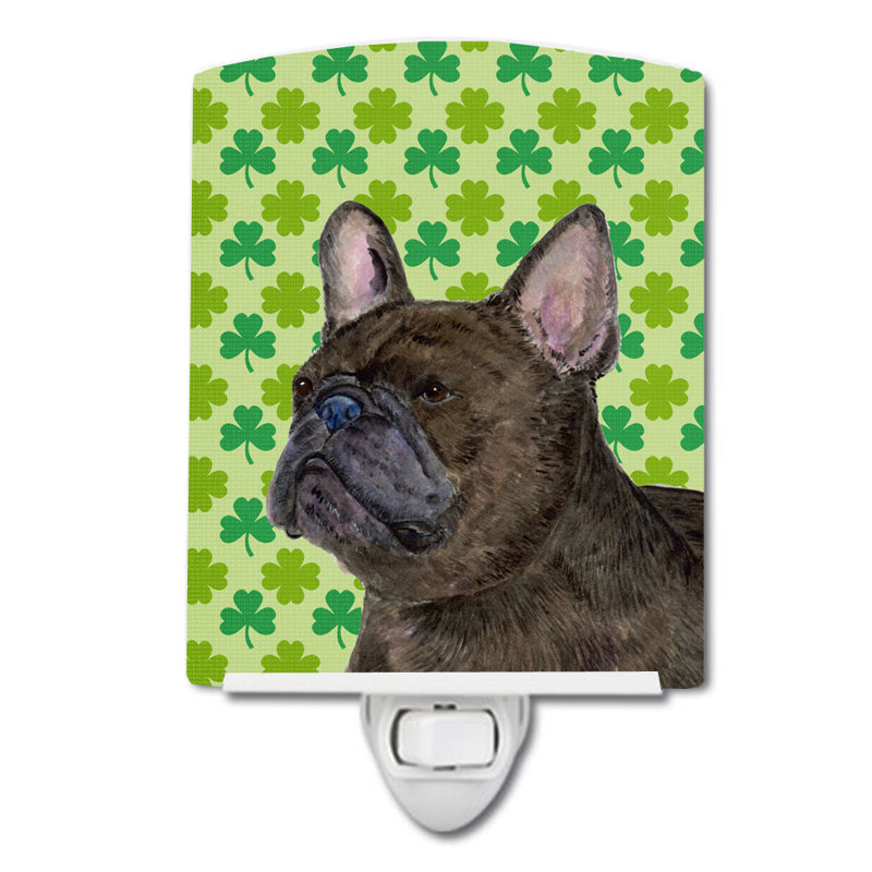 Éclairage de nuit en céramique akita trèfle St. Patrick's Day, Bouledogue français noir