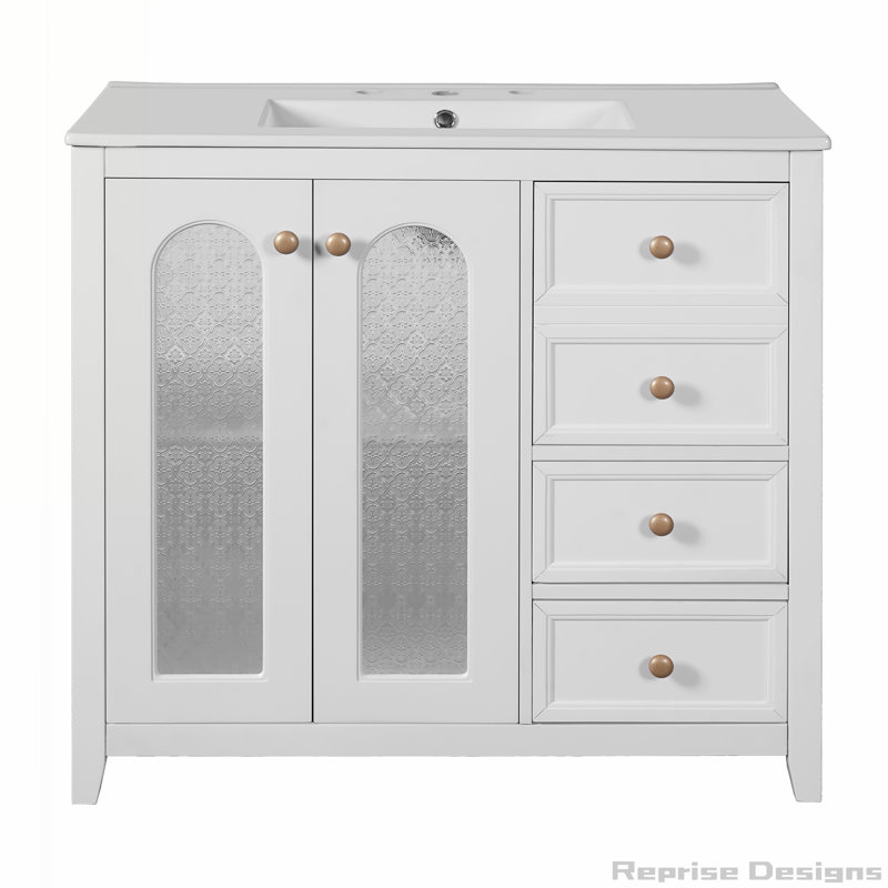 Meuble-lavabo de 36,02 pouces avec tablettes réglables et trois tiroirs, Blanc