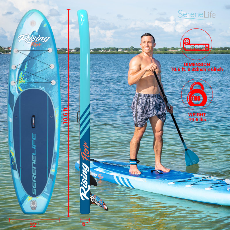Planche de raquette gonflable Serenelife (6 pouces d'épaisseur) avec accessoires de SUP haut de gamme et sac de transport | Large position, aileron inférieur pour le pagaie, contrôle du surf, plateforme antidérapante | Bateau debout pour jeunes et adu
