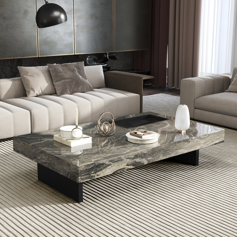 Briamarie 51.18'' Rectangle Gloosy Sintered Stone Coffee Table with Black Stainless Steel Legs, Brown