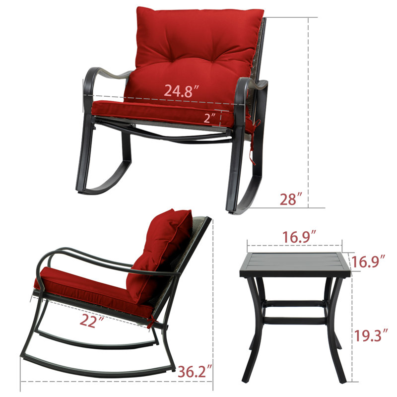 Ensemble de patio d'extérieur avec coussins 3 pièces Prciado, Bourgogne