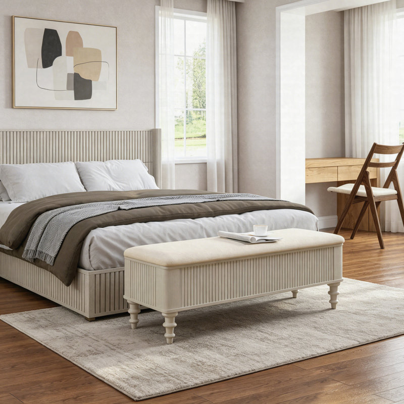 Banc de rangement avec repose-pieds en lin et structure en bois d'hévéa, Beige