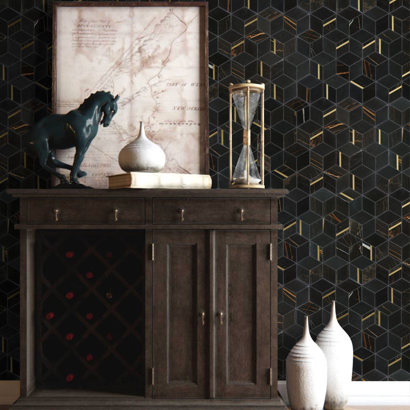 Natural Dorato Marble Mosaic Wall Tile, Black/Gold