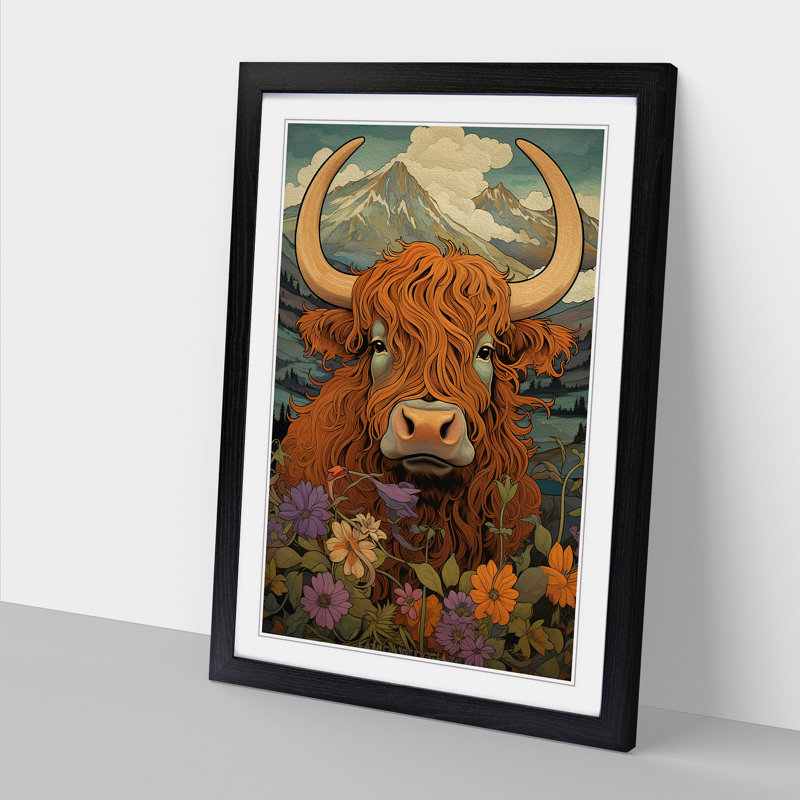 Highland Cow Nouveau No.2 - Single Picture Frame Print on Wood, Black, 64cm H x 46cm W x 2cm D