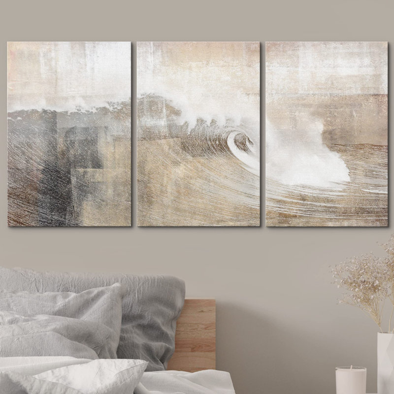 Grunge Abstract Paint Stroke Effect " Gray And Tan Color Block Ocean Wave Overlay Nature Digital Rustic Scenic " 3 - Pieces