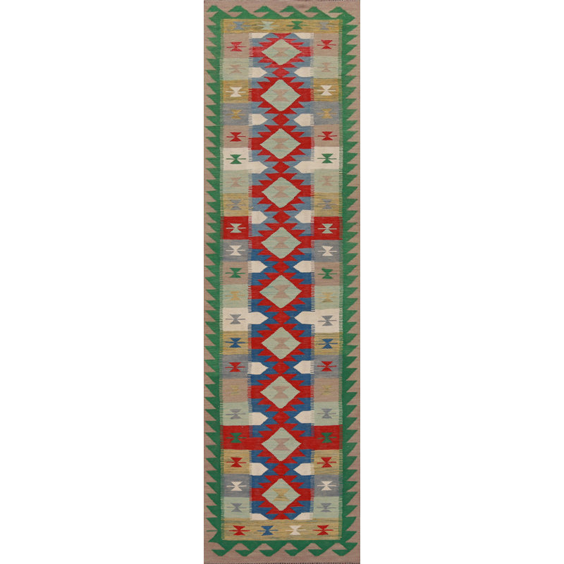 Tapis de couloir oriental géométrique en laine Kilim 3 x 13