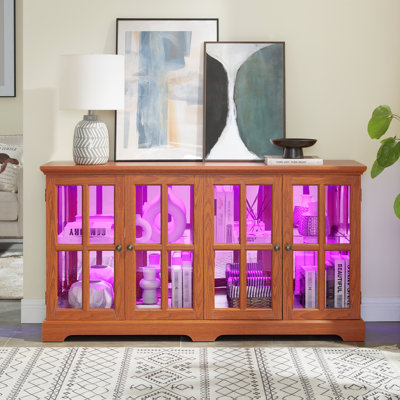 Showcase With Adjustable Glass Shelves, Metal Handles, And 7 - Color Led Lights For Office Or Home Decor Enhancement In Primary Space Four Door Acrylic Back Panel, Lighting Antiques