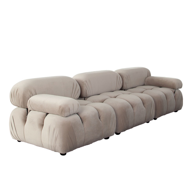 Hito 3 Piece Modular Sofa Set, Inches,  Bubble Grid Tufting, 29" H x 111" W x 37" D, Tan Brown Velvet