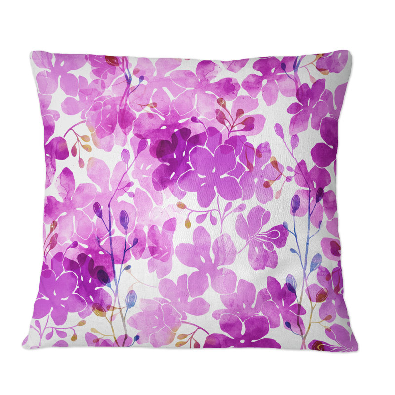 Coussin décoratif à motif lilas et branches Fuchia, 16 po x 16 po