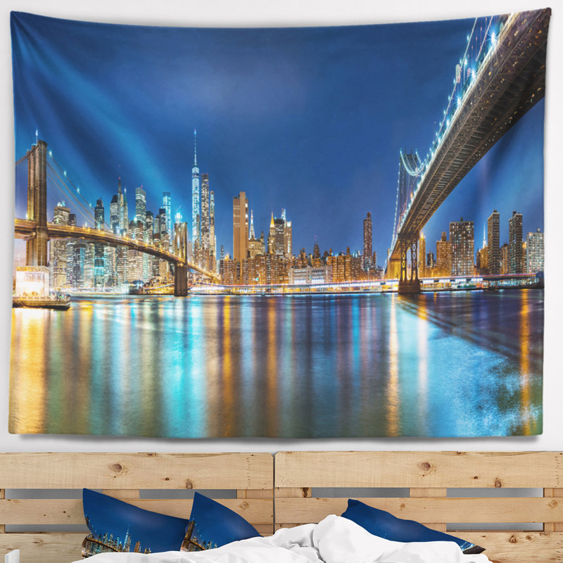 Tapisserie de nuit des ponts de brooklyn et de manhattan Cityscape, H 78 po x l 92 po