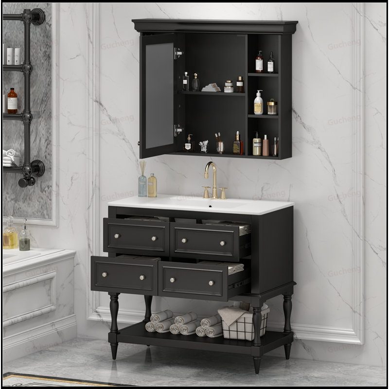 Meuble-lavabo de 36 po avec armoire à miroir et tablette réglable, Noir