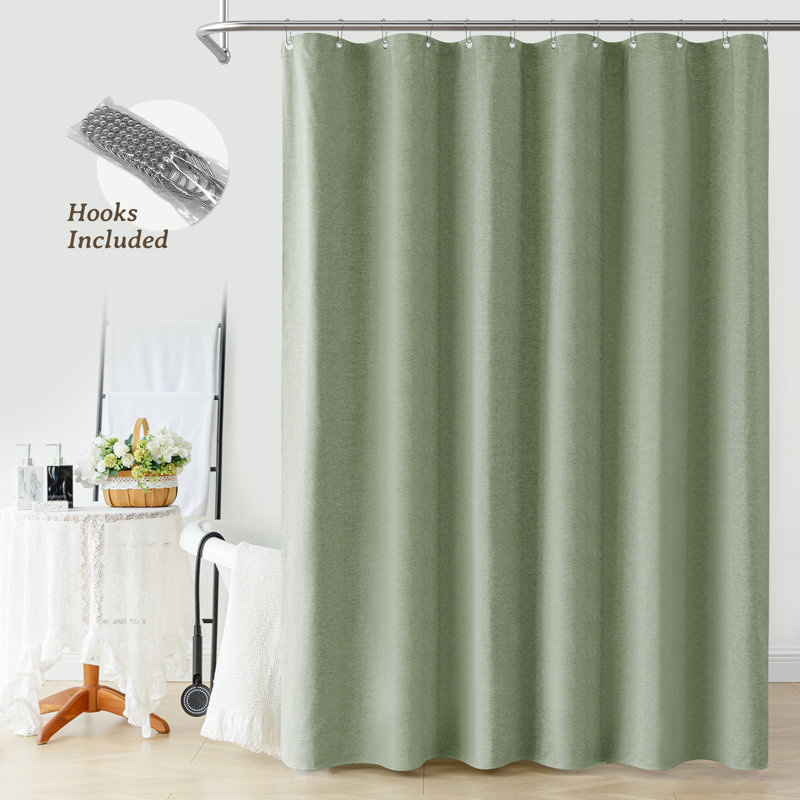 Linen Textured Shower Curtain and Hooks Set, Sage