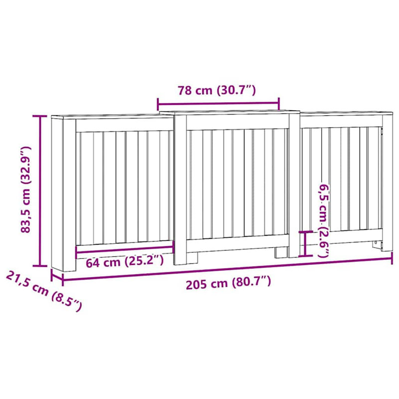 Extra Large Radiator Cover, Black Oak, 205 x 21.5 x 83.5 cm, Vertical Slats