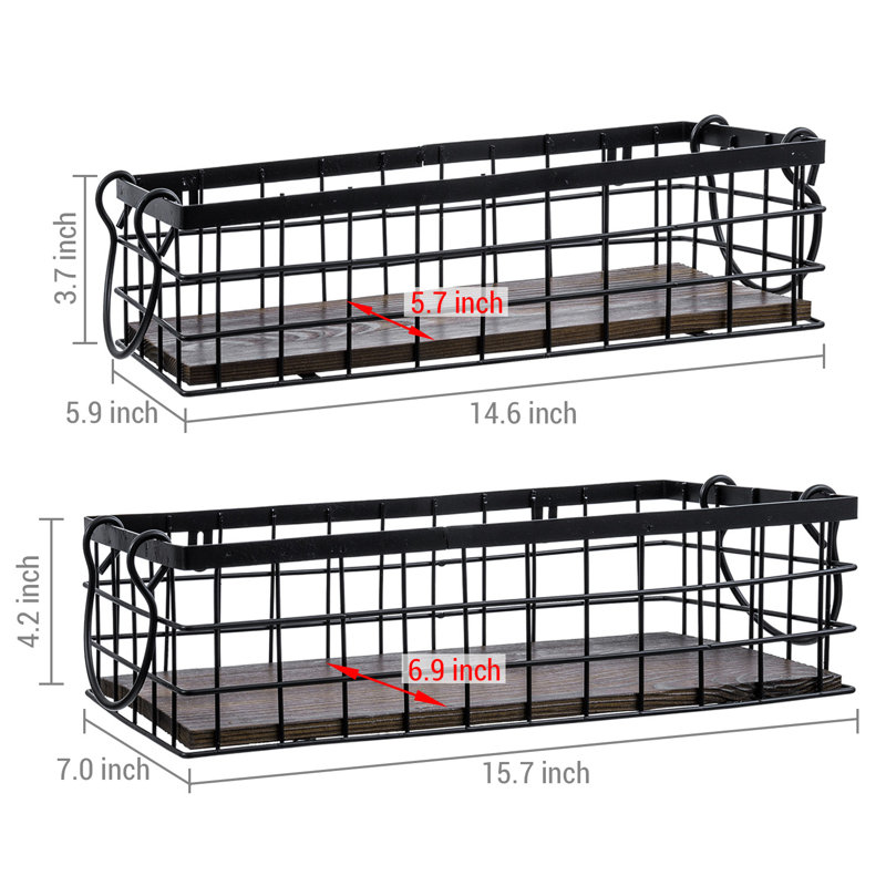 Paniers de rangement muraux en métal 2 pièces avec base en bois