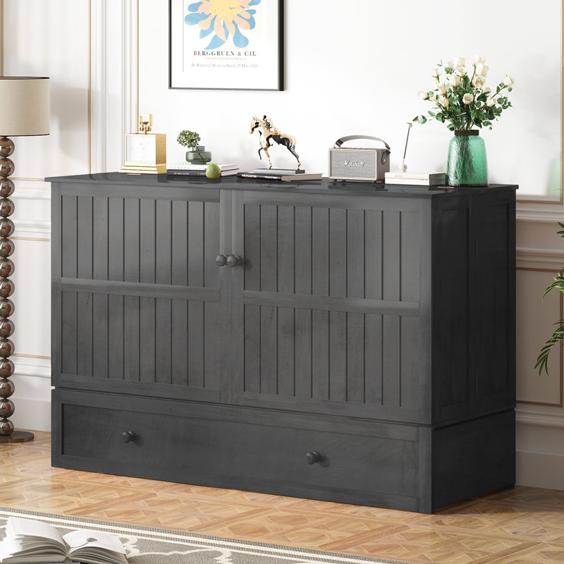 Queen Murphy Bed Chest Modern Transitional with Memory Foam Mattress and USB, Dark Grey, Gray