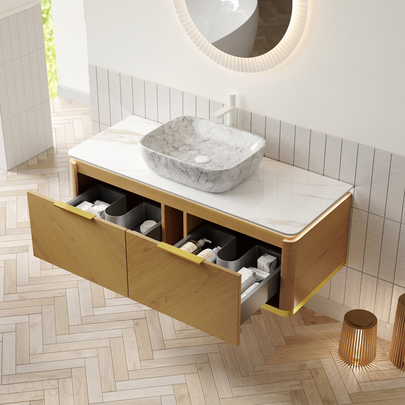 Meuble-lavabo 48 po, meuble de rangement flottant en contreplaqué, tiroirs avec poignée et capteur de lumière, vasque en céramique à motif marbré et plateau en pierre frittée, pré-assemblé, couleur grain de bois de chêne Corolla