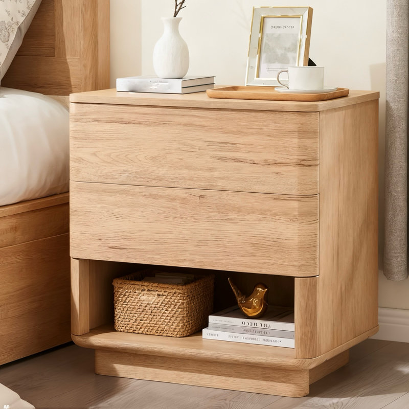 Modern 2 Drawer Nightstand With Charging Station,  Push-To-Open Handleless Design, Tan