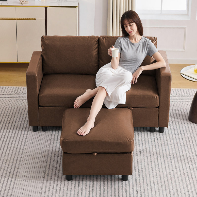 Ensemble de canapé modulaire en similicuir avec repose-pieds de rangement - 2 places + repose-pieds, 2 Seat + 1 Ottoman