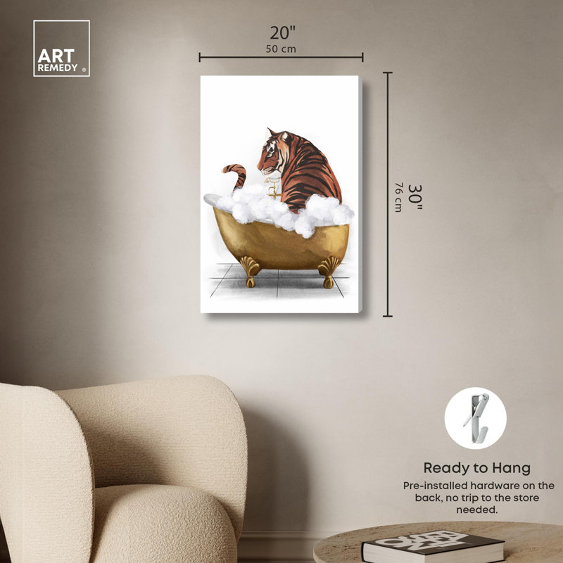 «Bathtime Tiger», impression sur toile tendance par Art Remedy, H 30 po x l 20 po, Toile tendue avec châssis