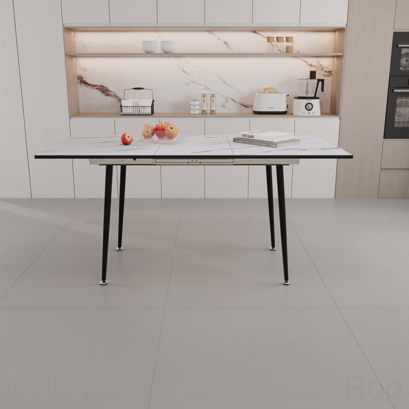 47" Expandable To 63" " Mdf Square White Marble Patterned Dining Table, Modern Industrial Kitchen And Dining Table