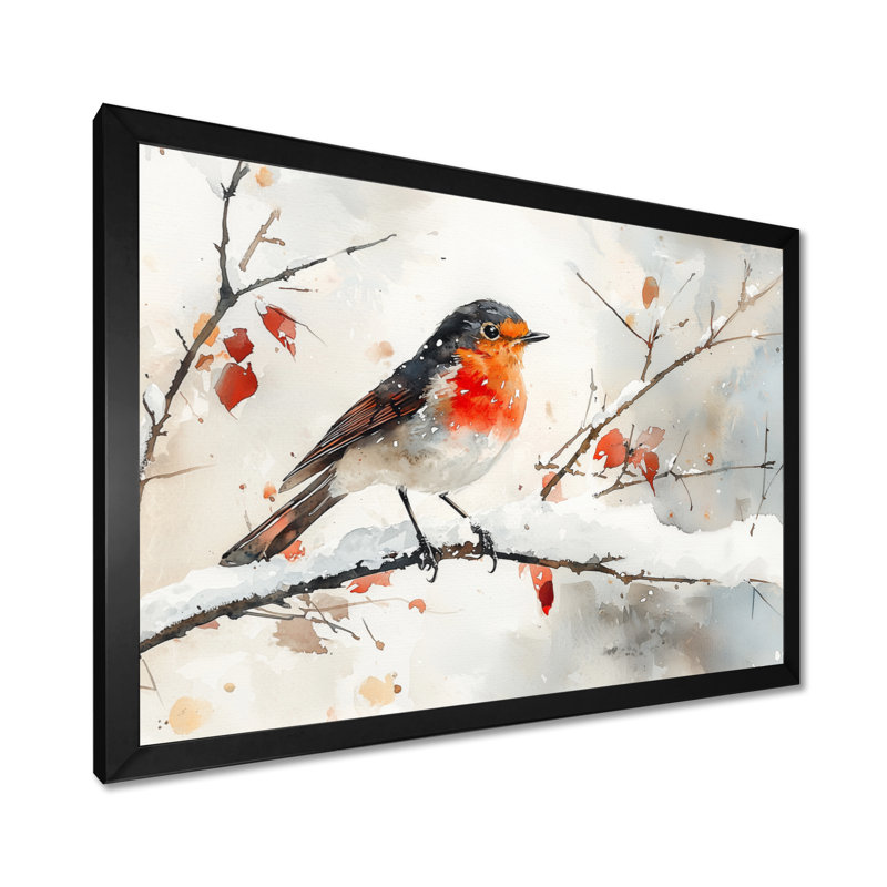 Oiseau Robin sur une branche enneigée I - oiseau, art mural, H 16 po x l 32 po, Avec cadre, Noir