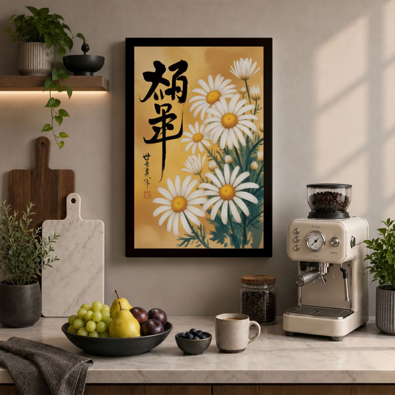 Daisies with Calligraphy Japandi - Wrapped Canvas, 18x12 - 45.7 x 30.5 cm, Sage Border