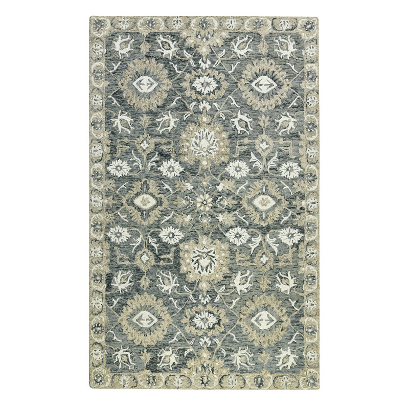 Dorcelus Floral Hand-Hooked Wool Gray Area Rug, Rectangle 8' x 10'