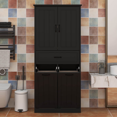 Grande armoire de rangement pour salle de bain avec tiroir, armoire de rangement en bois avec portes et tablettes réglables, 2 paniers à linge inclinables
