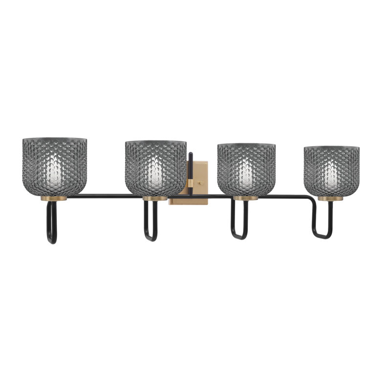 Barre d'éclairage de salle de bain 4 lumières Amarmula, noir mat et laiton vieilli, verre texturé fumé 6 po, Transparent/noir
