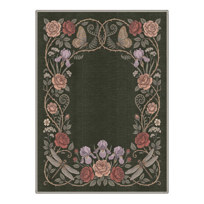 Machine Washable Floral Green / Pink Area Rug With Non-Slip Backing